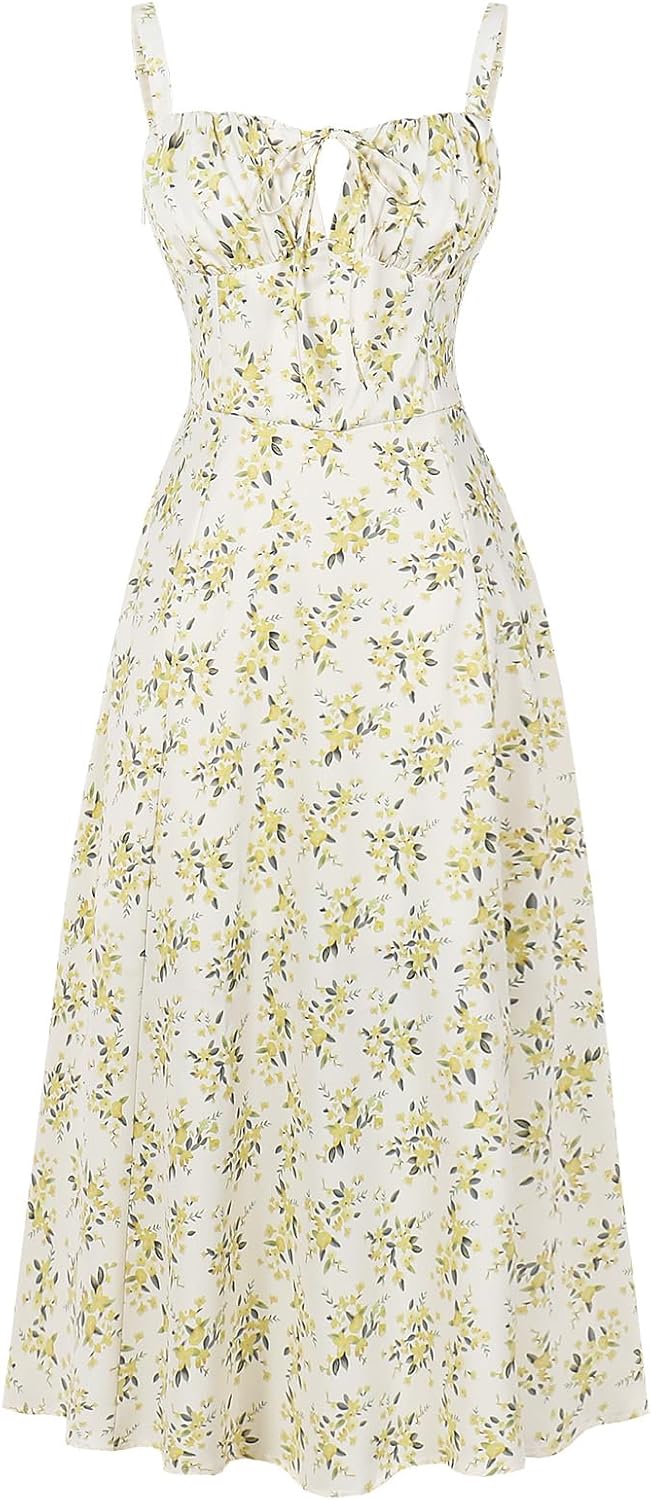 ABEHIK Women Floral Corset Dress Summer Dress 2026 Boho Flowy Slit Lace Up Midi Dresses Going Out A Line Casual Sundress