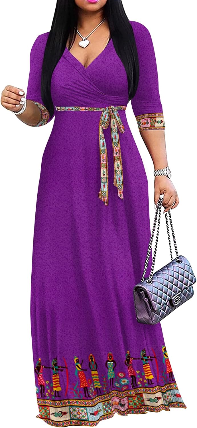 Wrap-style maxi dress with V-neck, 3/4 sleeves, and side pockets