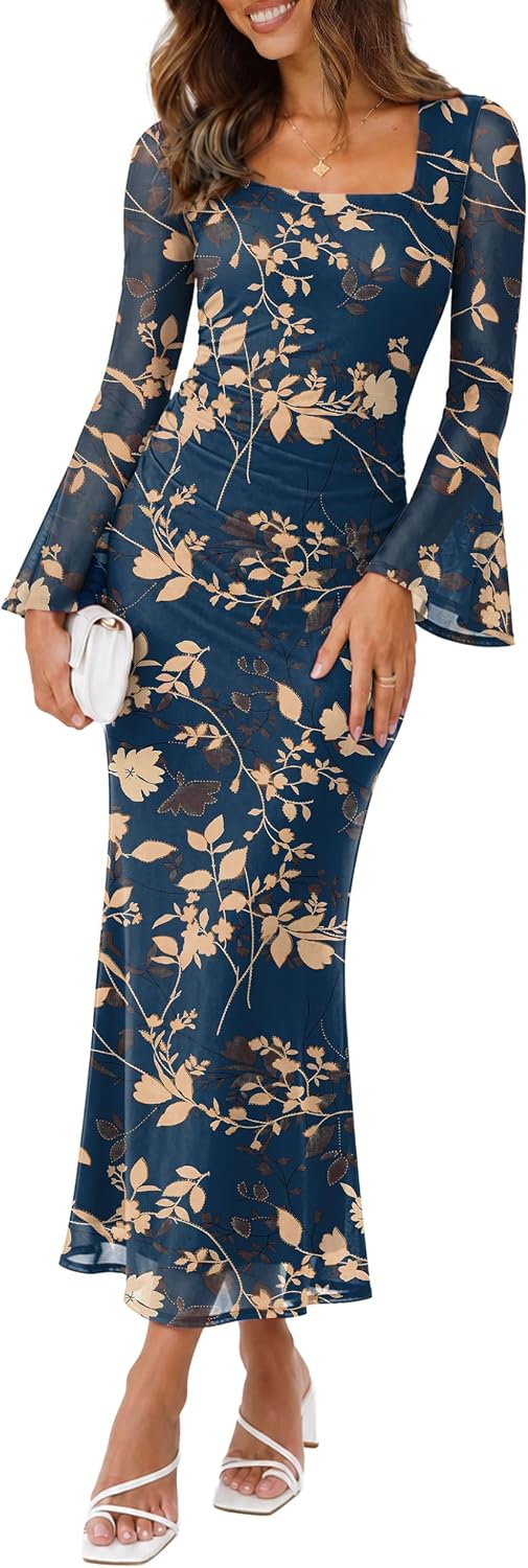 Square neck bodycon maxi dress with long mesh sleeves