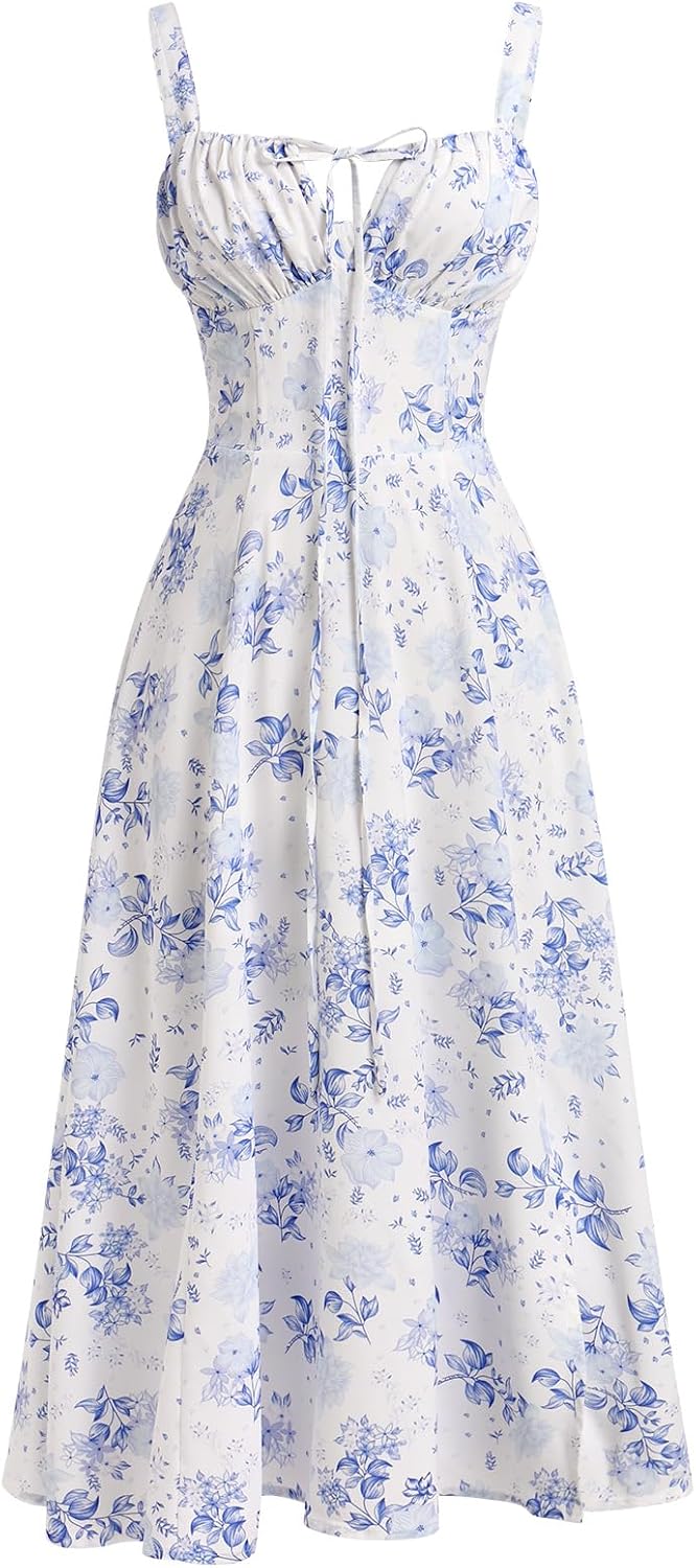 ABEHIK Women Floral Corset Dress Summer Dress 2026 Boho Flowy Slit Lace Up Midi Dresses Going Out A Line Casual Sundress