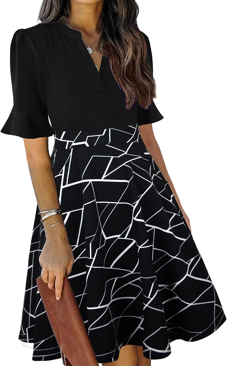 Ruffle sleeve fit-and-flare dress with V-neck and knee-length hem