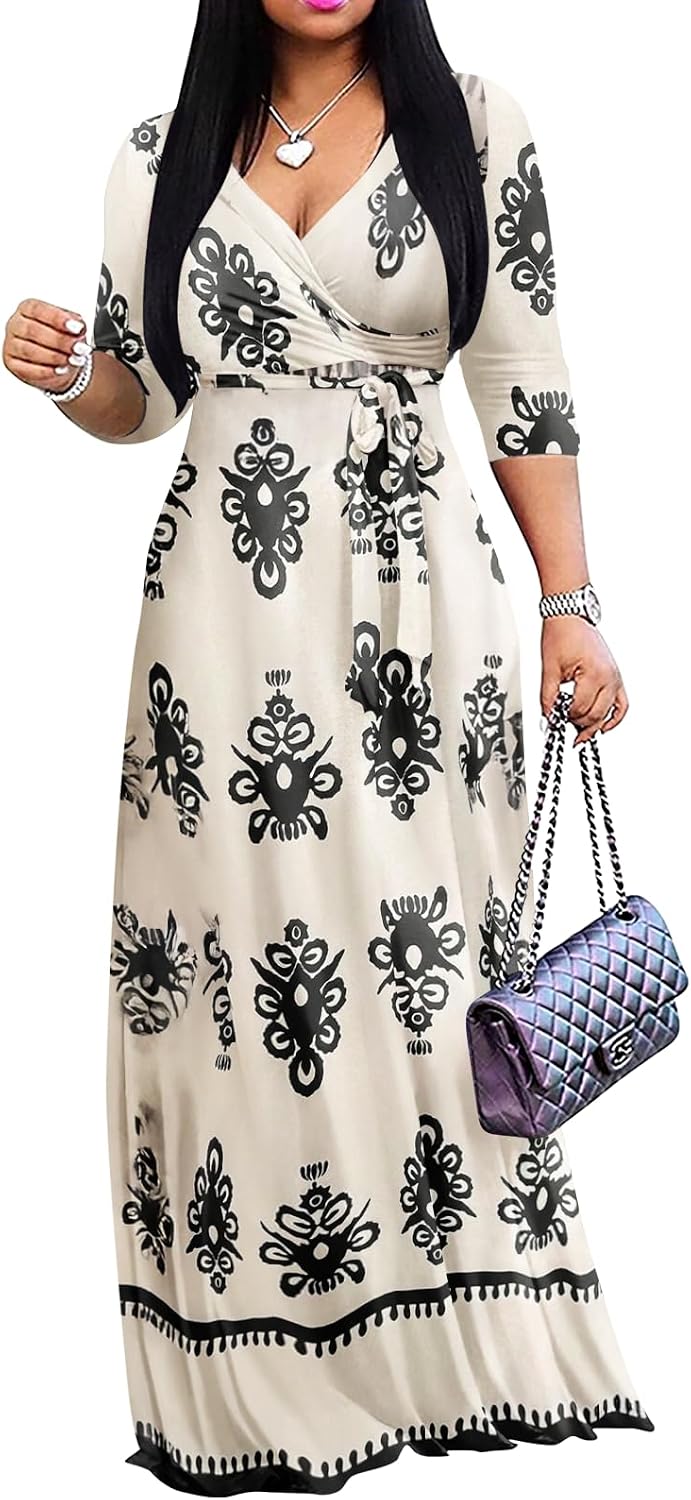 Wrap-style maxi dress with V-neck, 3/4 sleeves, and side pockets