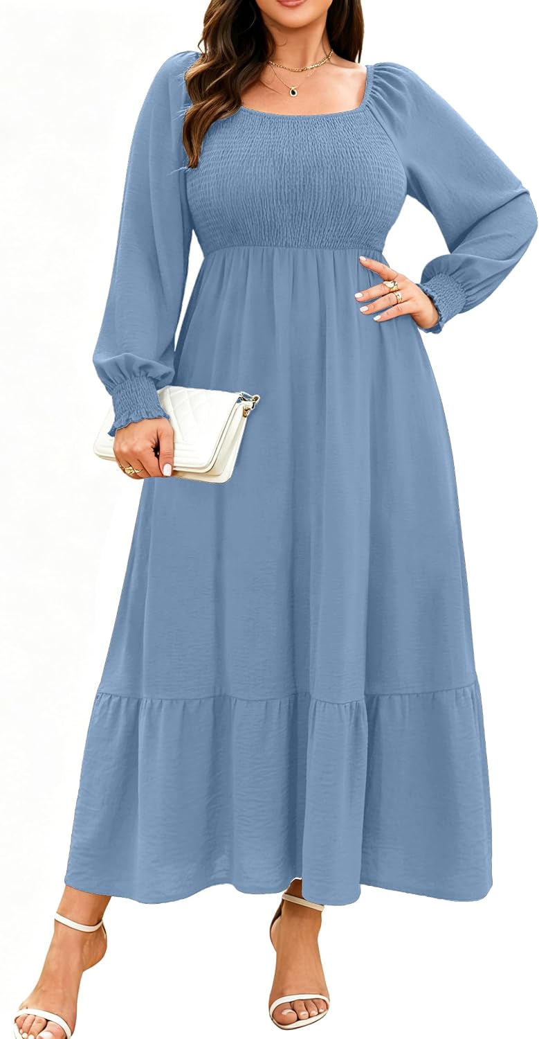 Plus size floral maxi dress with long sleeves and empire waist