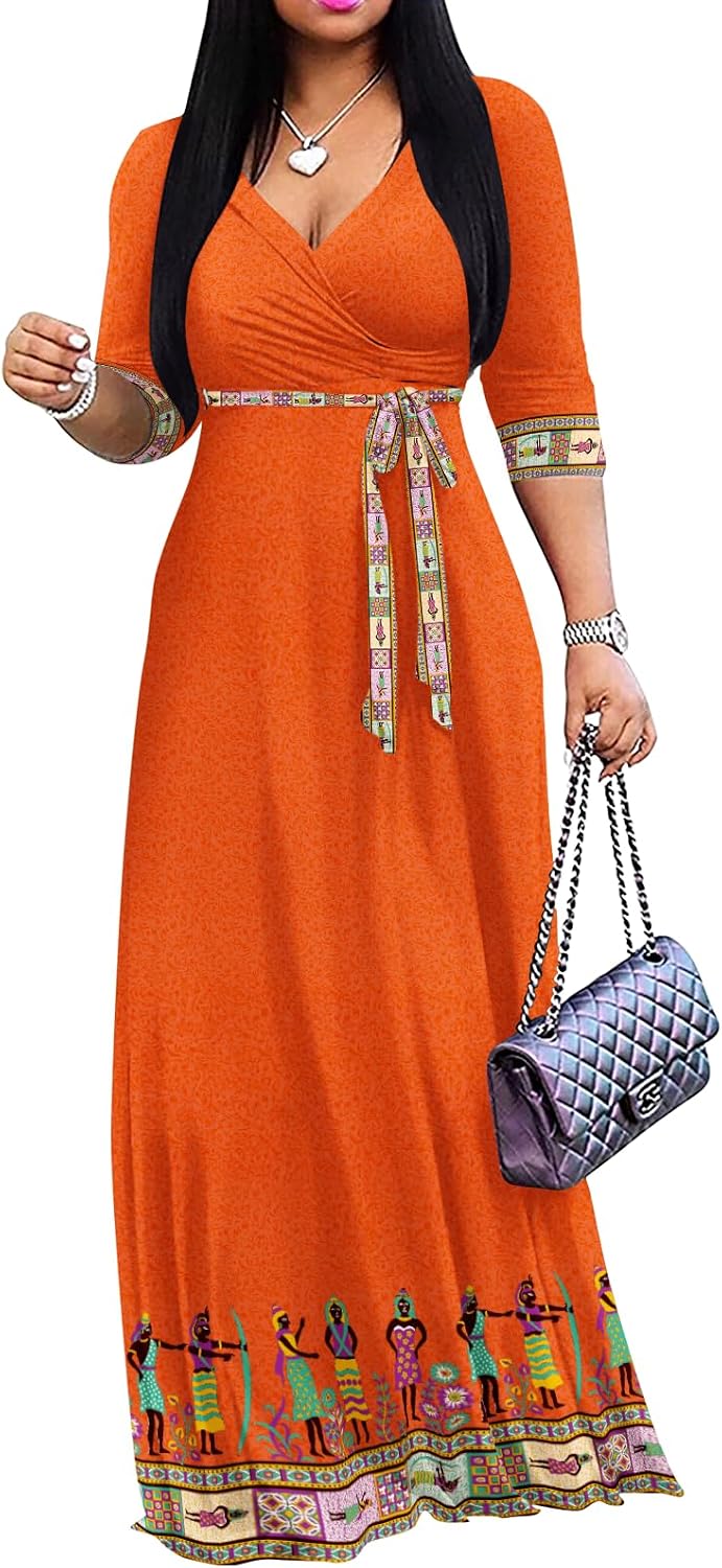 Wrap-style maxi dress with V-neck, 3/4 sleeves, and side pockets