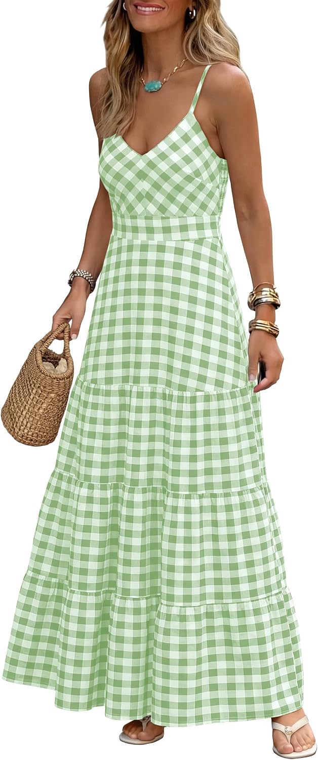 Gingham plaid maxi dress with spaghetti straps and a smocked back