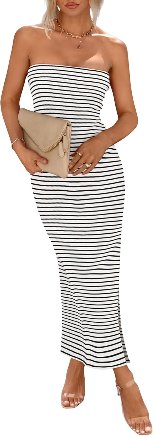 PRETTYGARDEN Women's Summer Strapless Cocktail Maxi Dresses | Soft Ribbed Fabric,Tube Top Dress,Slim Fitted Bodycon,Side Slit,Elegant Long,Wedding Guest,Birthday Party,Date Night Outfits
