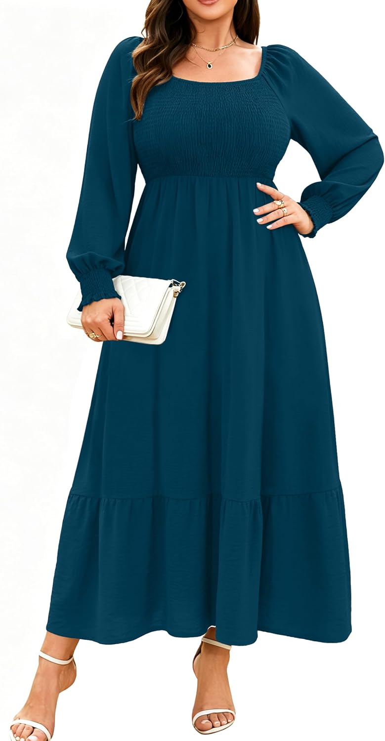 Plus size floral maxi dress with long sleeves and empire waist