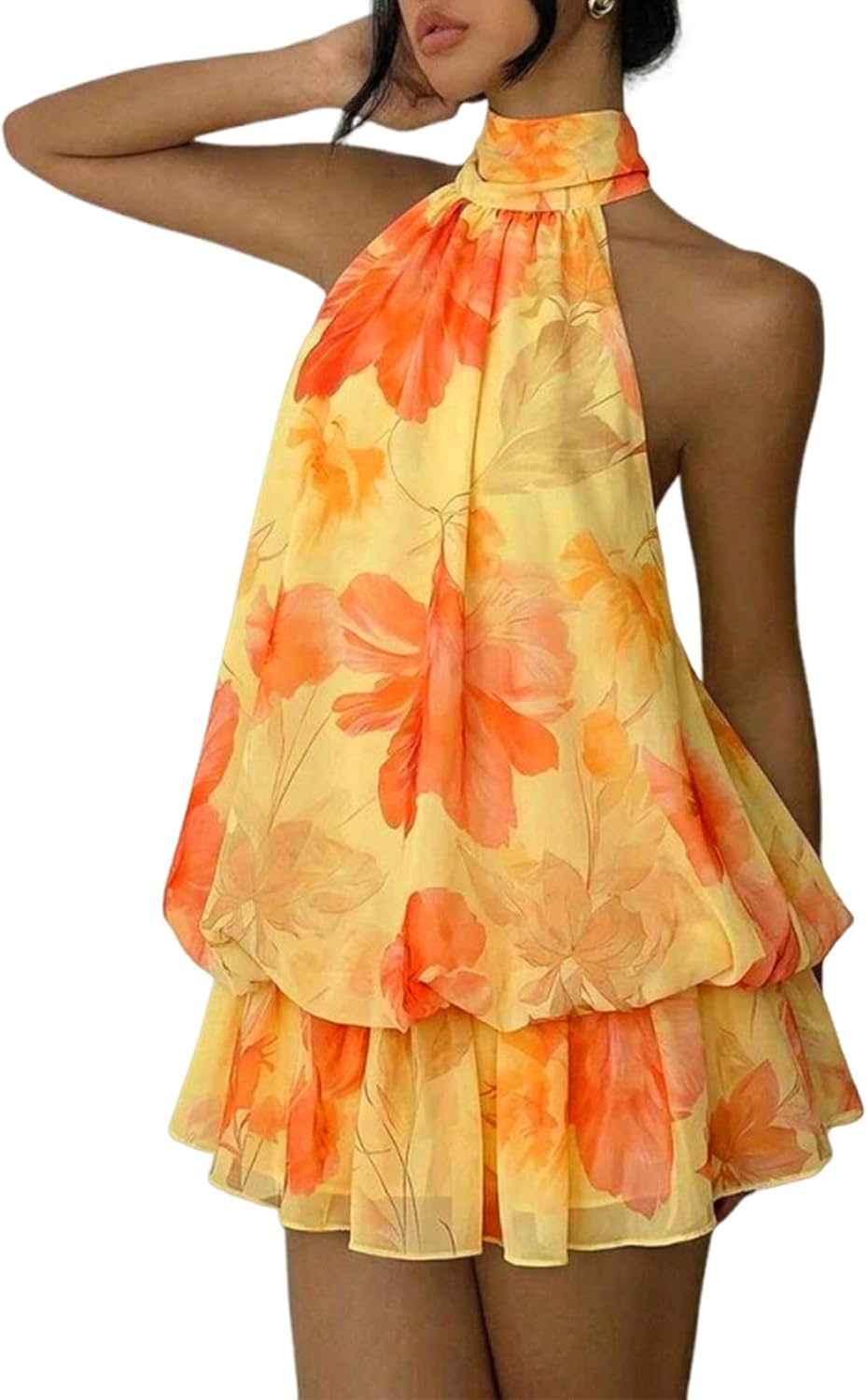 Chiffon halter mini dress with drop waist and ruffle detail