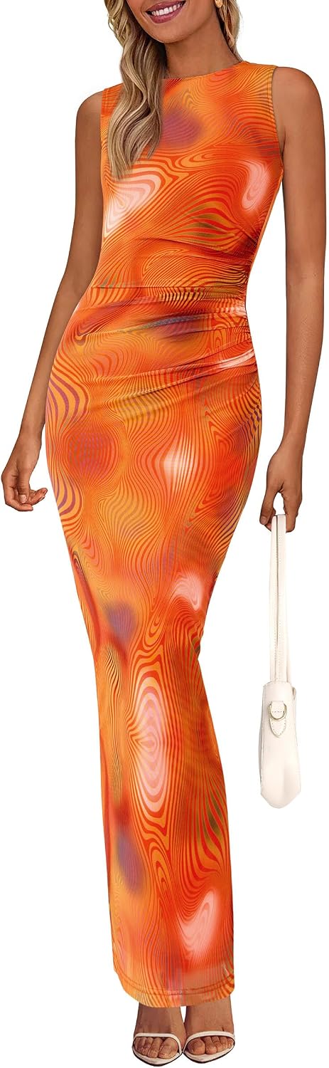 Floral mesh maxi dress with sleeveless design and ruched bodycon detailing