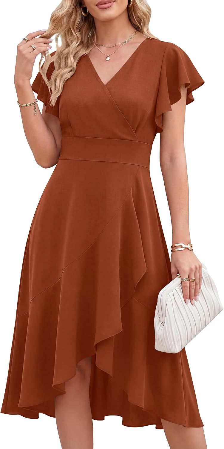 ANRABESS Womens Fall Wedding Guest Cocktail Semi Formal Wrap Midi Dresses | High-Low Ruffle Hem, V Neck A Line Flutter Sleeve, Elegant Classy, Ideal for Homecoming Prom, Evening Party