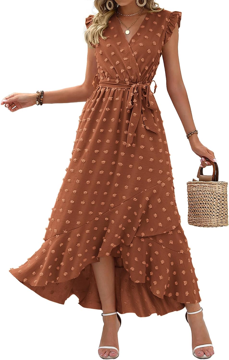 Swiss dot boho maxi dress with cap sleeves and tie waist