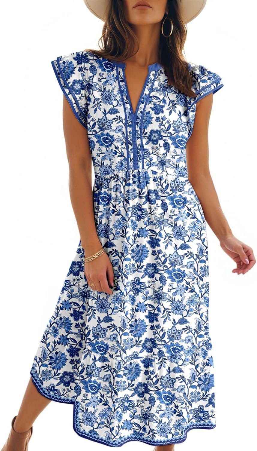 Cap sleeve empire waist dress with v-neck and side pockets