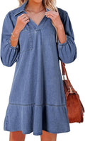 Denim babydoll dress with puff sleeves, V-neck, and mini length
