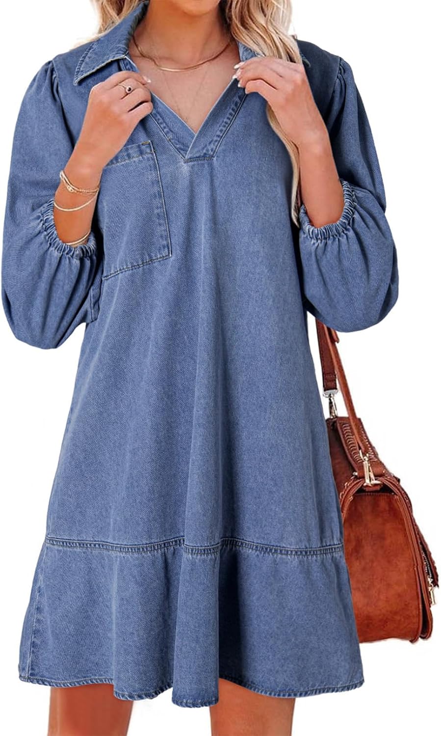 Denim babydoll dress with puff sleeves, V-neck, and mini length