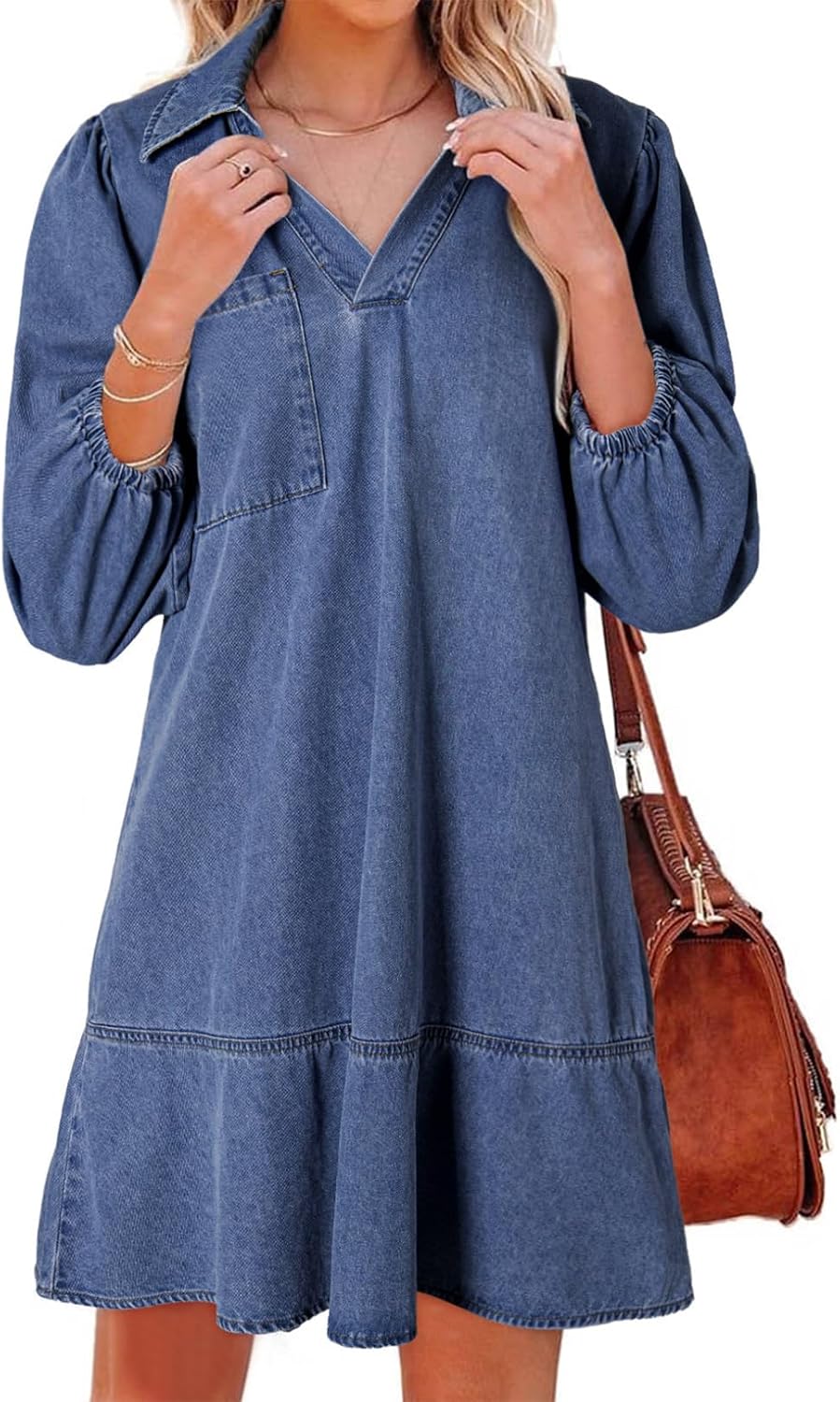 Denim babydoll dress with puff sleeves, V-neck, and mini length