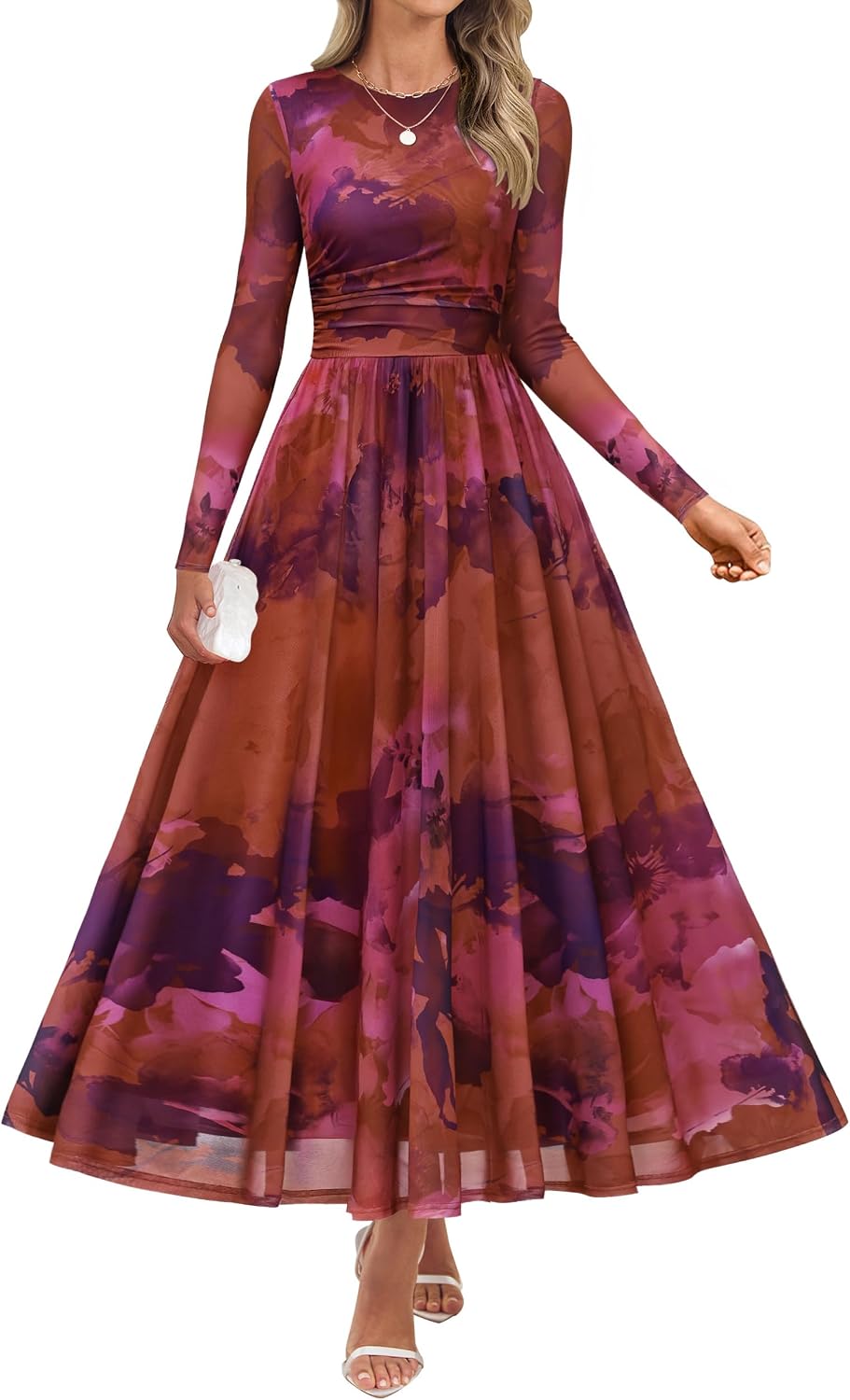 Floral print maxi dress with sheer mesh long sleeves and ruched detailing