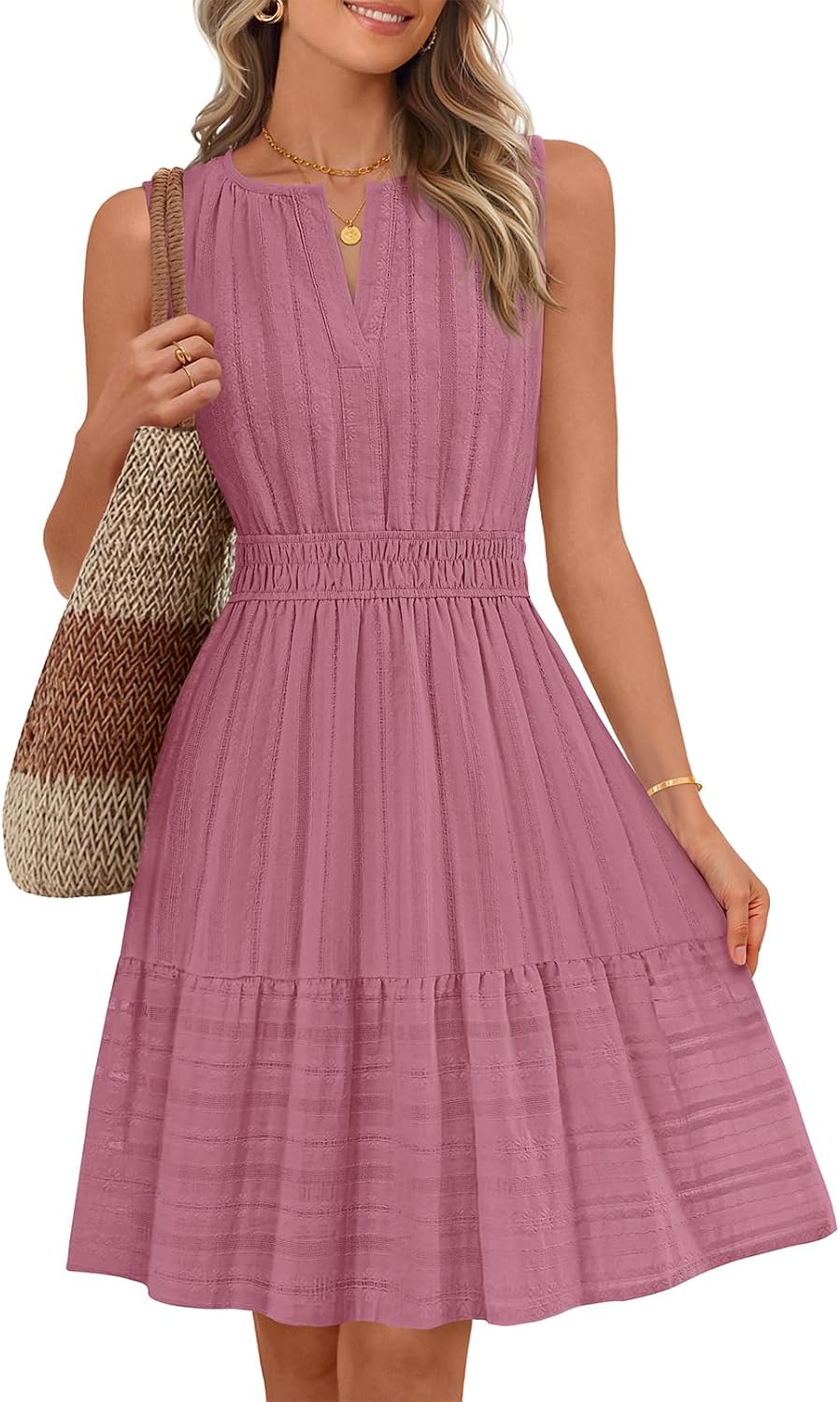 Sleeveless V-neck mini sundress with ruffle hem and elastic waist