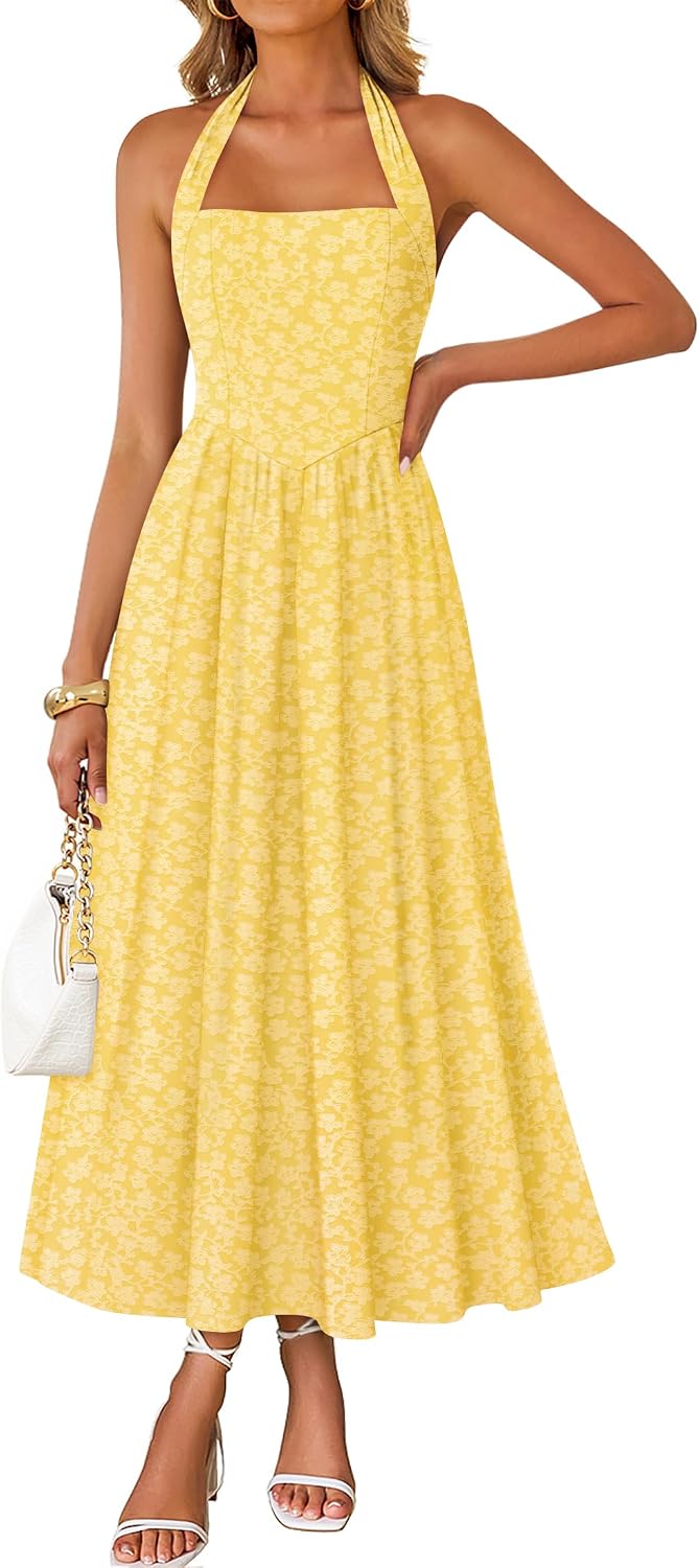 Floral halter maxi dress with flowy A-line skirt