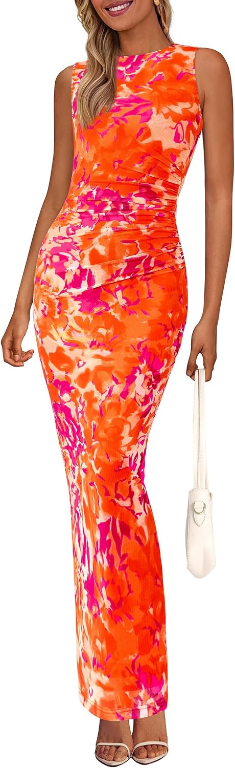 Floral mesh maxi dress with sleeveless design and ruched bodycon detailing