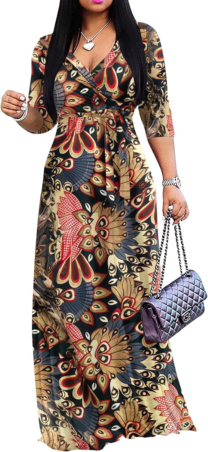 Wrap-style maxi dress with V-neck, 3/4 sleeves, and side pockets