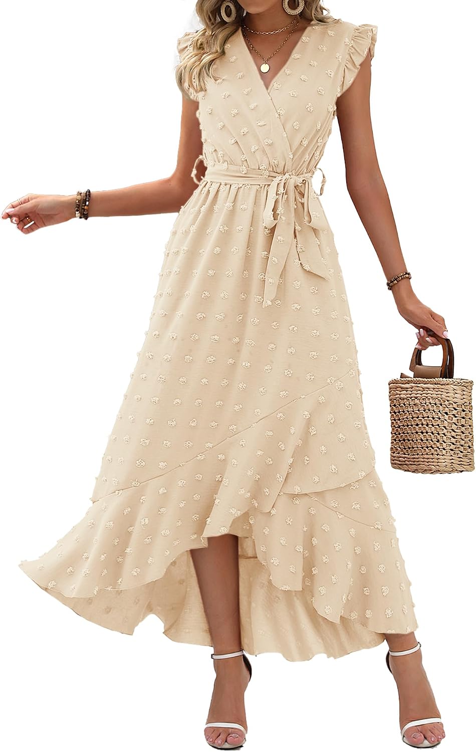 Swiss dot boho maxi dress with cap sleeves and tie waist