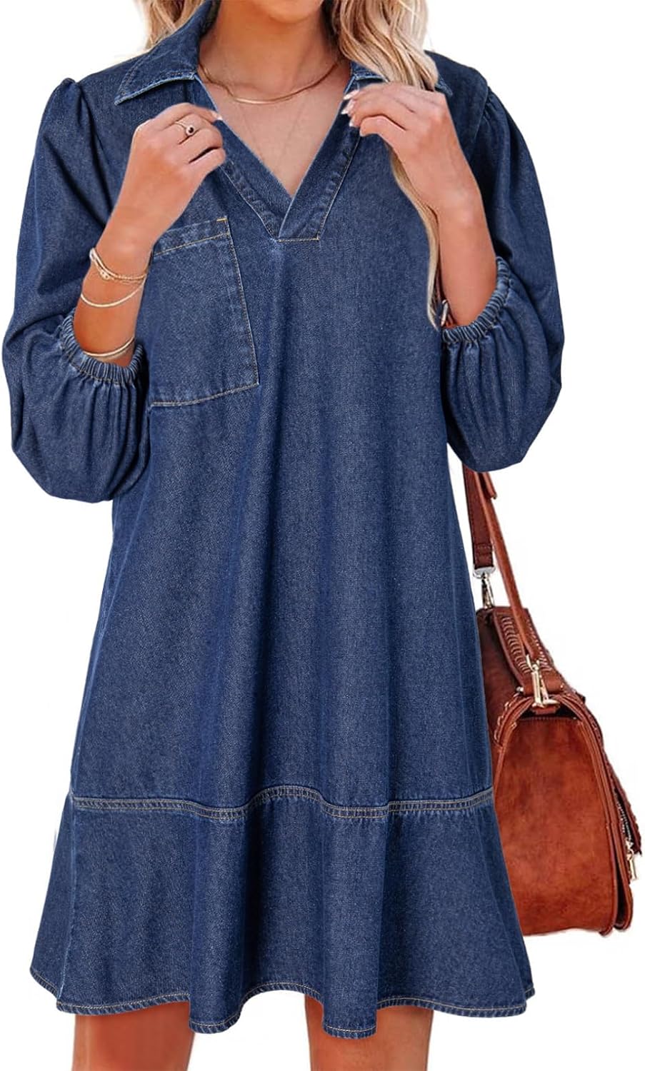 Denim babydoll dress with puff sleeves, V-neck, and mini length