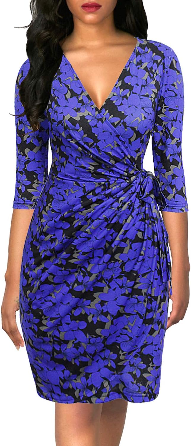 Faux wrap midi dress with V-neck, 3/4 sleeves, and ruched sheath silhouette
