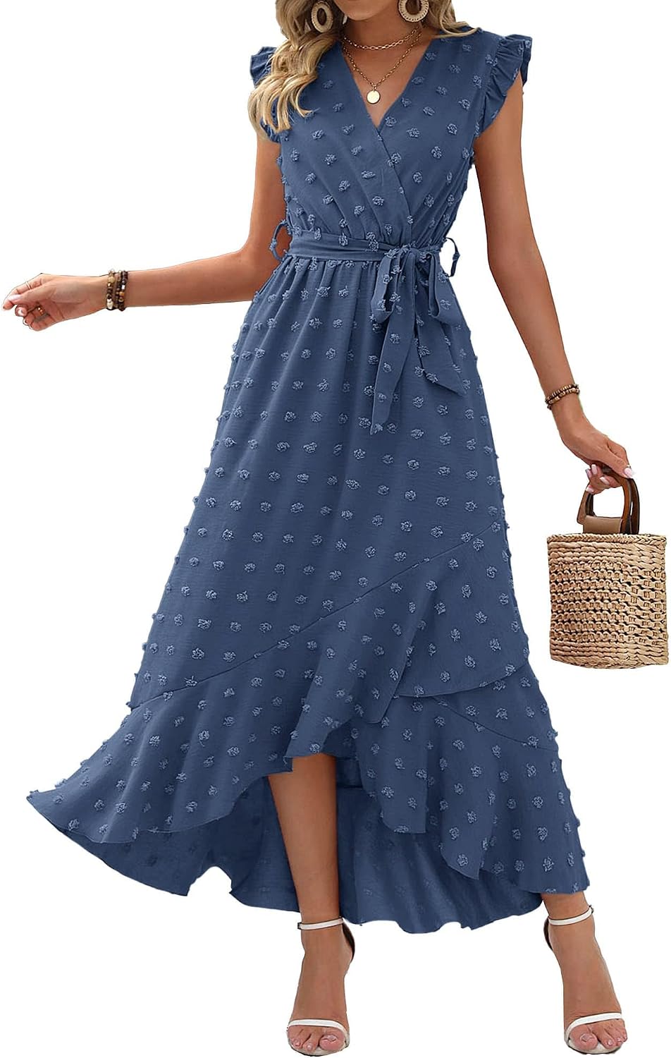 Swiss dot boho maxi dress with cap sleeves and tie waist