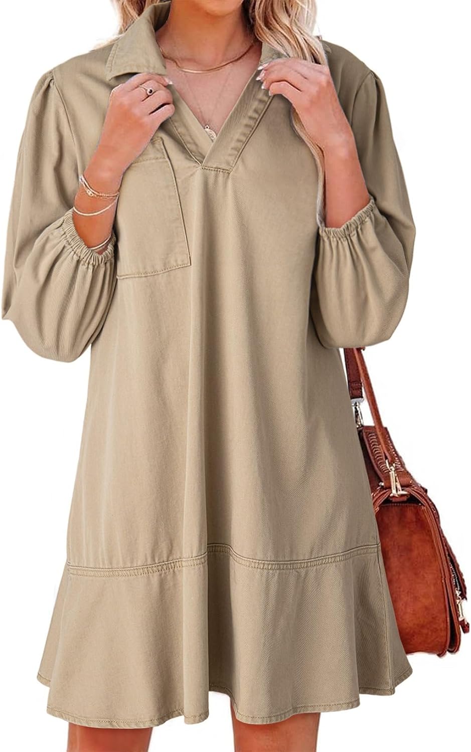 Denim babydoll dress with puff sleeves, V-neck, and mini length