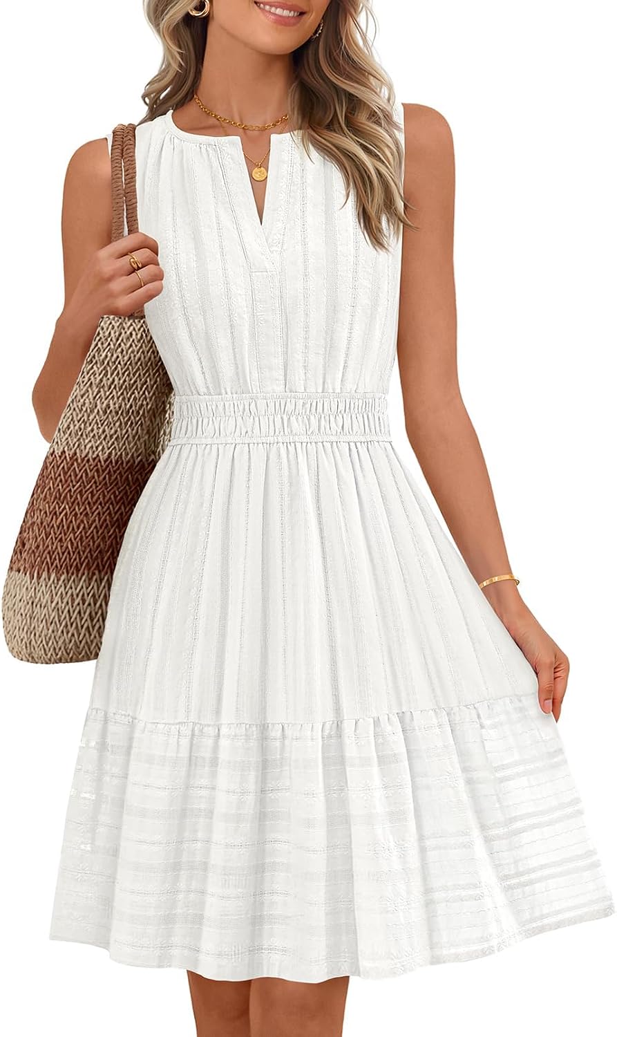 Sleeveless V-neck mini sundress with ruffle hem and elastic waist