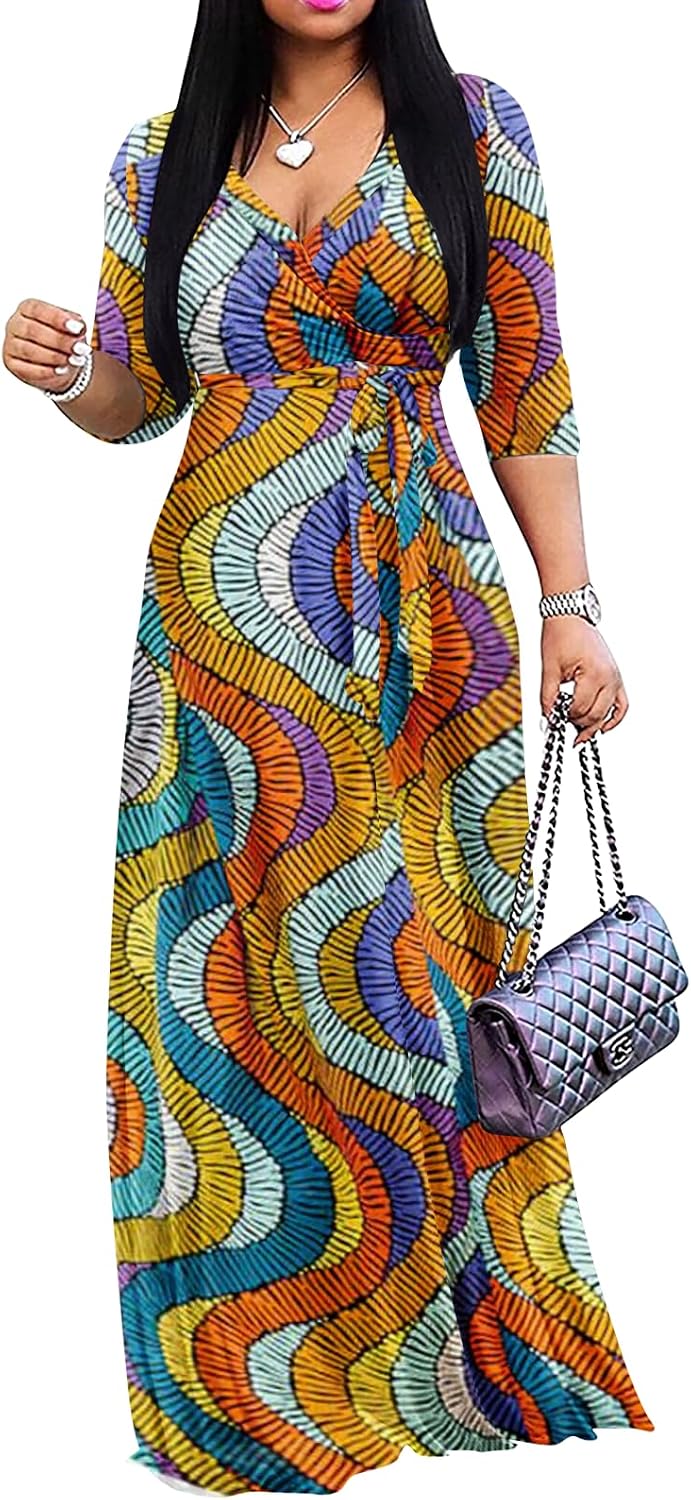 Wrap-style maxi dress with V-neck, 3/4 sleeves, and side pockets