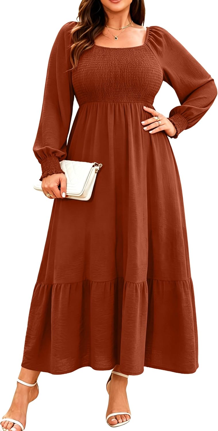 Plus size floral maxi dress with long sleeves and empire waist