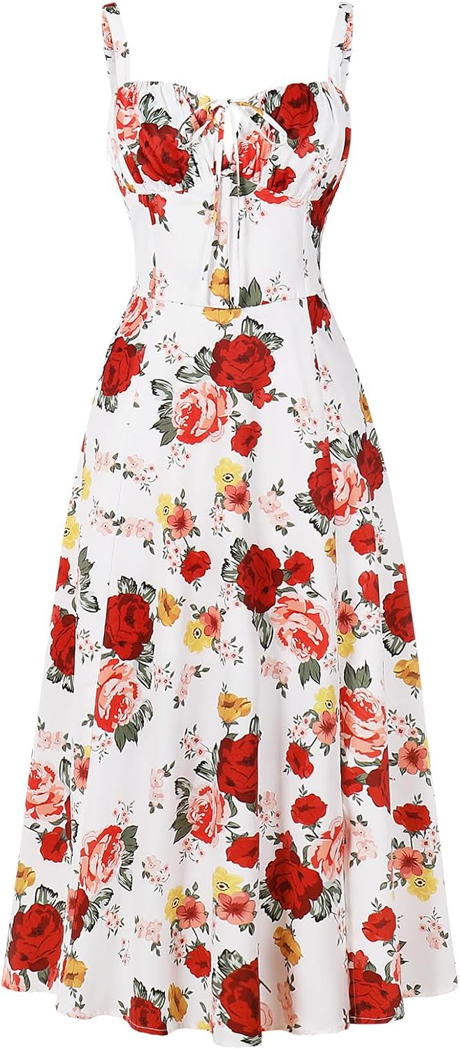 ABEHIK Women Floral Corset Dress Summer Dress 2026 Boho Flowy Slit Lace Up Midi Dresses Going Out A Line Casual Sundress