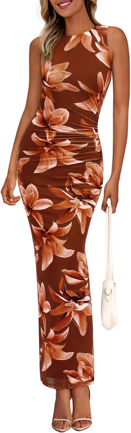 Floral mesh maxi dress with sleeveless design and ruched bodycon detailing
