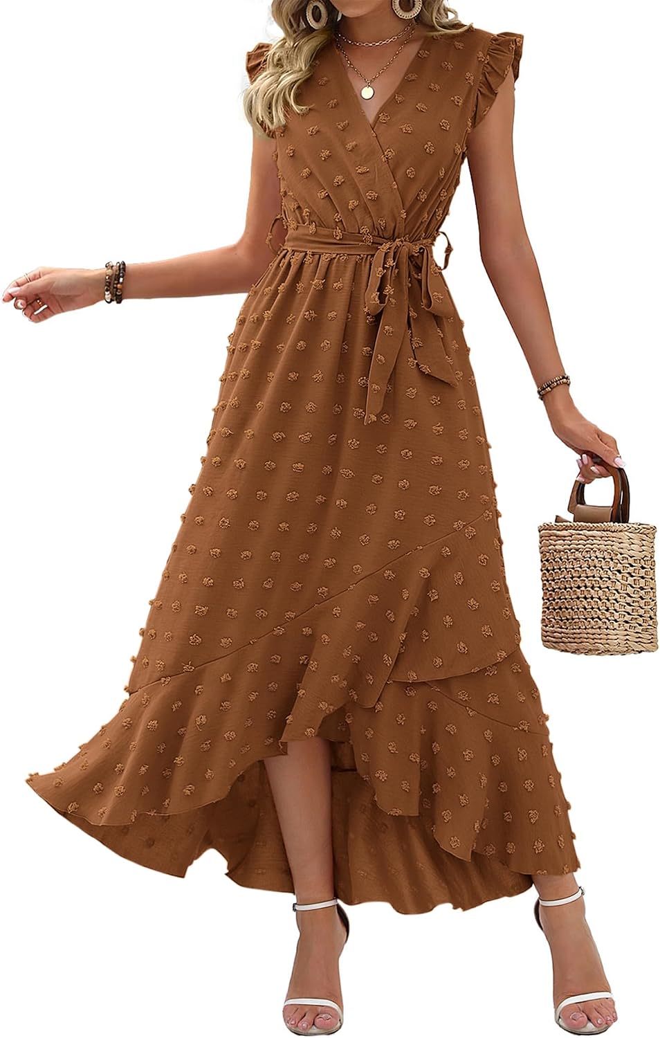 Swiss dot boho maxi dress with cap sleeves and tie waist