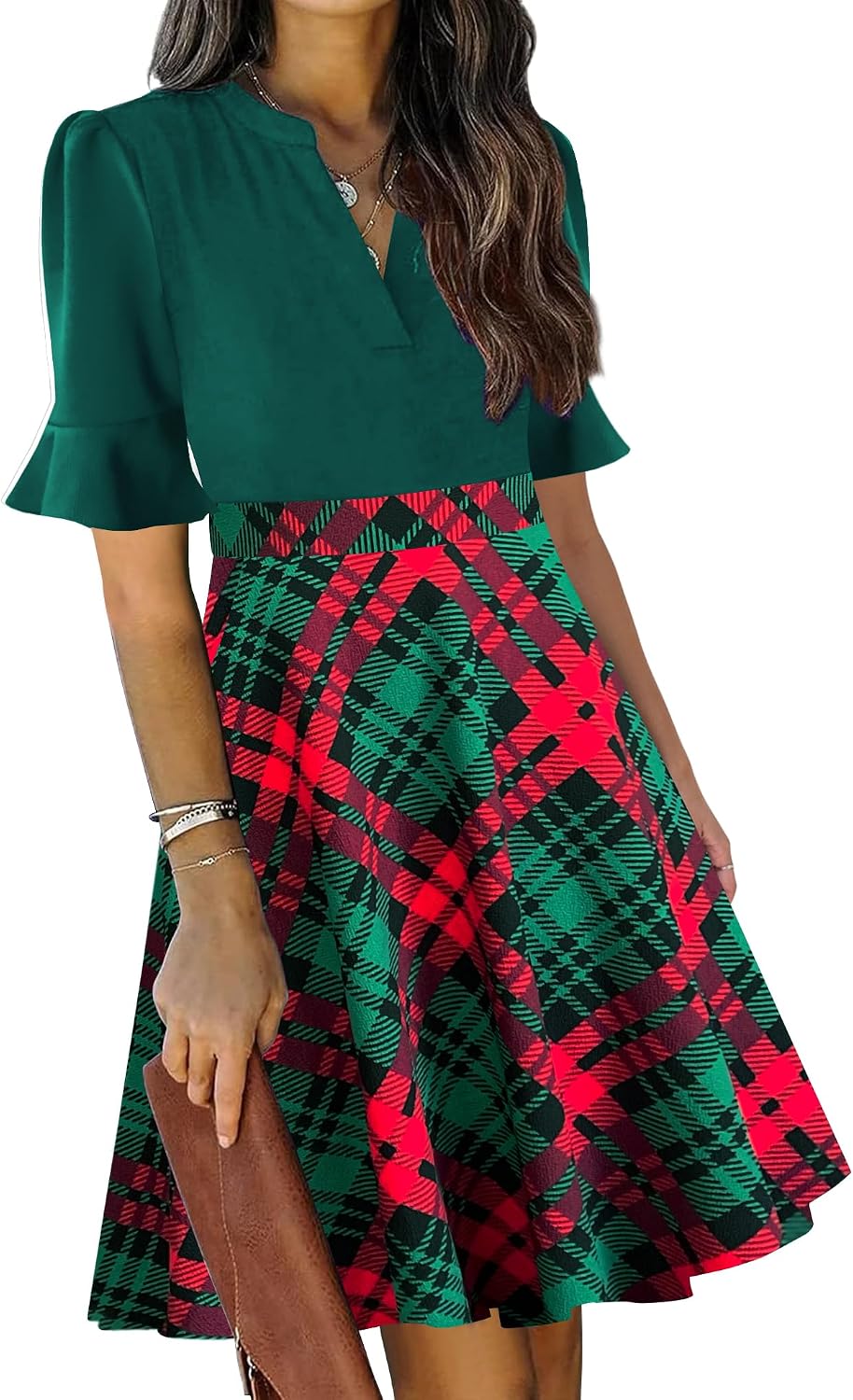Ruffle sleeve fit-and-flare dress with V-neck and knee-length hem