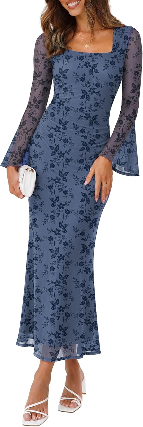 Square neck bodycon maxi dress with long mesh sleeves
