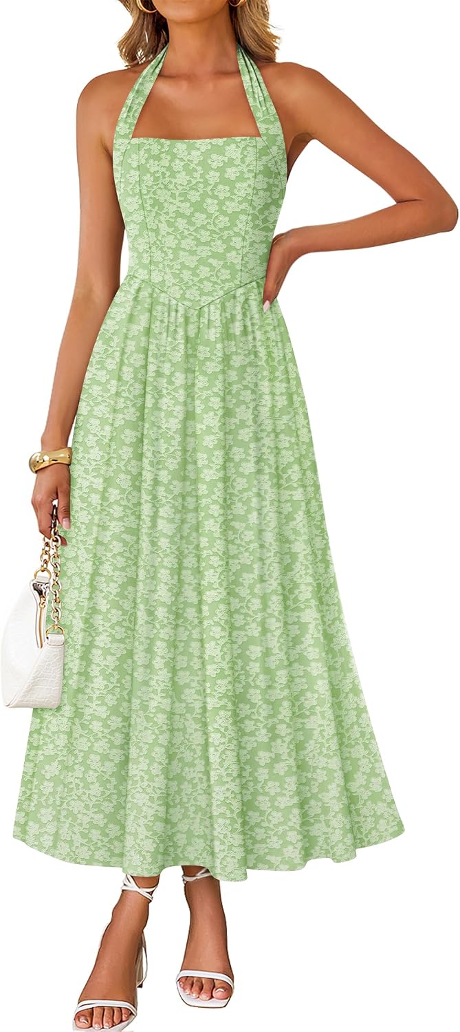 Floral halter maxi dress with flowy A-line skirt