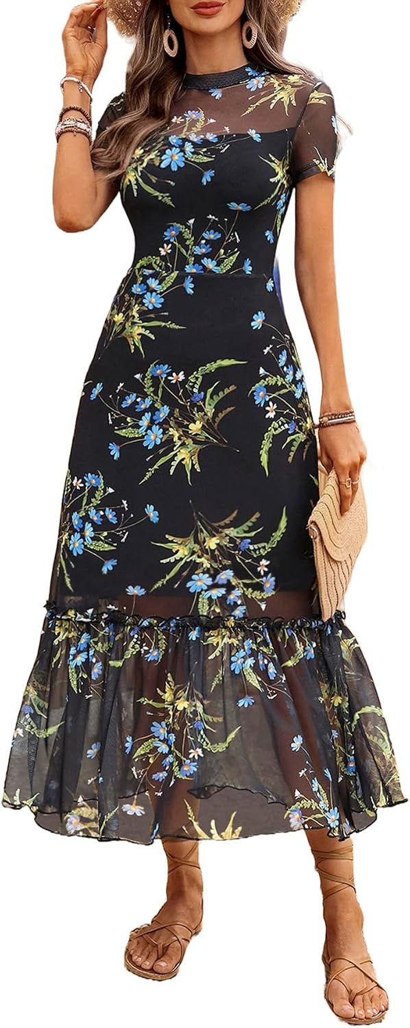 Floral mesh maxi dress with ruffle detail