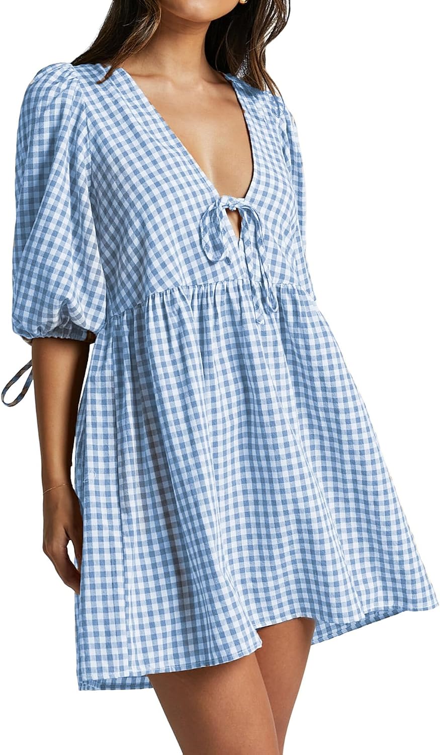 Striped babydoll dress with puff sleeves