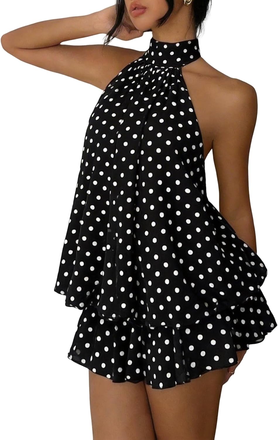 Chiffon halter mini dress with drop waist and ruffle detail