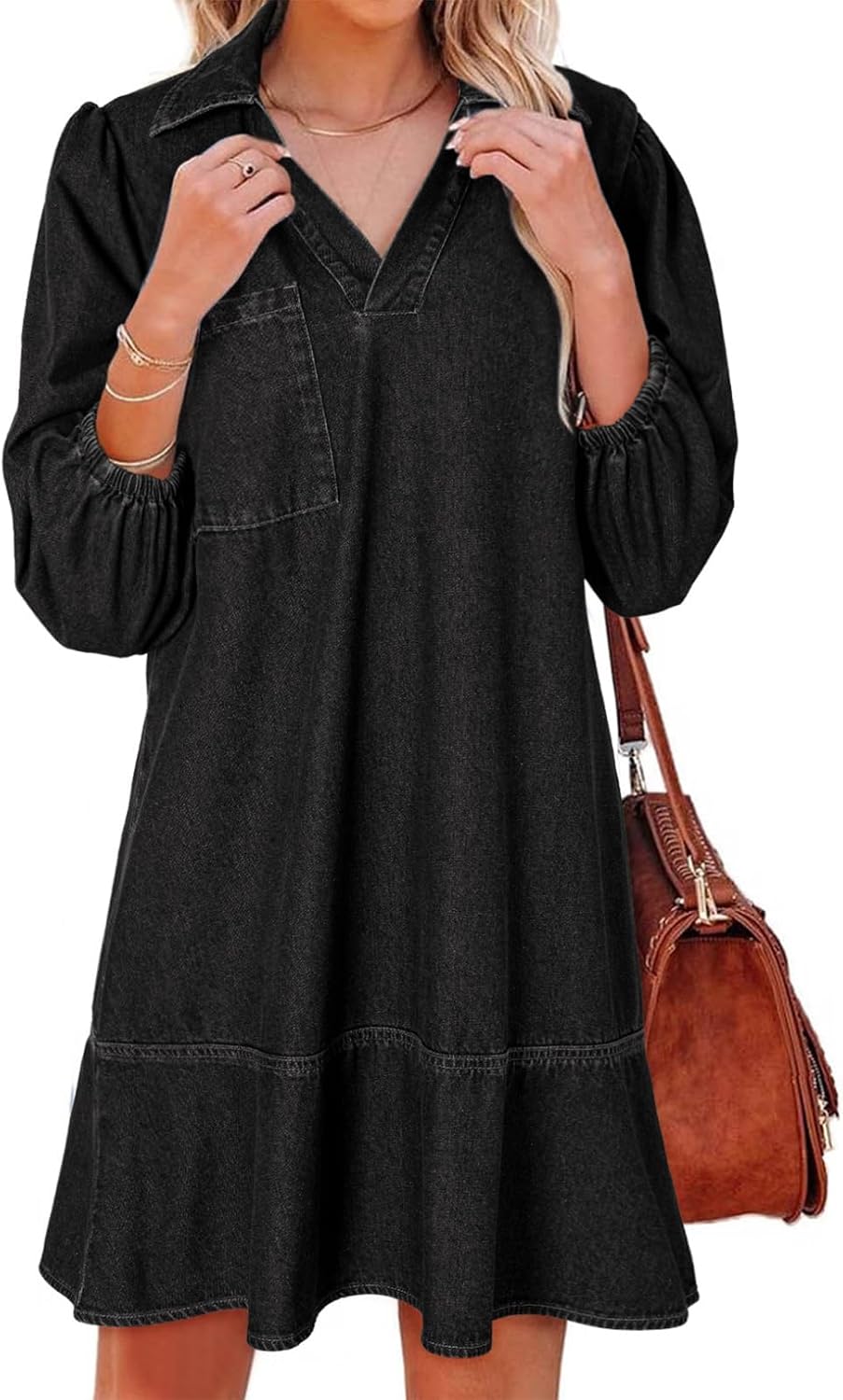 Denim babydoll dress with puff sleeves, V-neck, and mini length