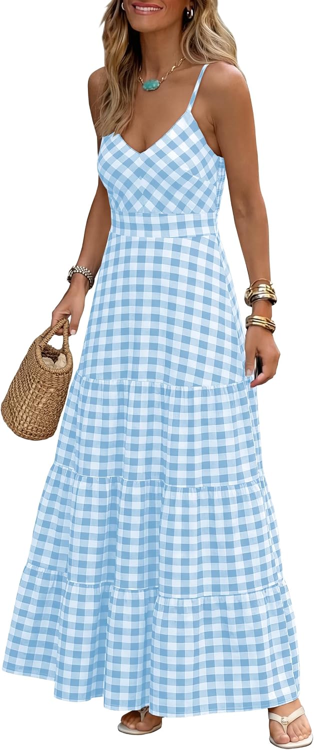 Gingham plaid maxi dress with spaghetti straps and a smocked back