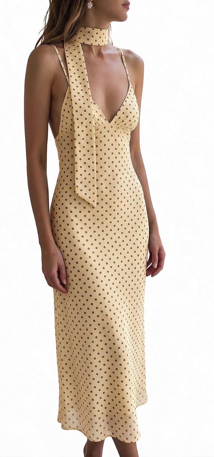 Polka dot backless maxi dress with v-neck and spaghetti straps