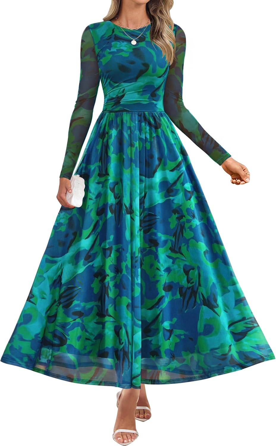 Floral print maxi dress with sheer mesh long sleeves and ruched detailing