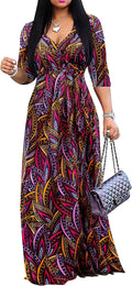 Wrap-style maxi dress with V-neck, 3/4 sleeves, and side pockets