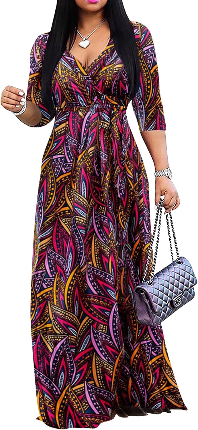 Wrap-style maxi dress with V-neck, 3/4 sleeves, and side pockets