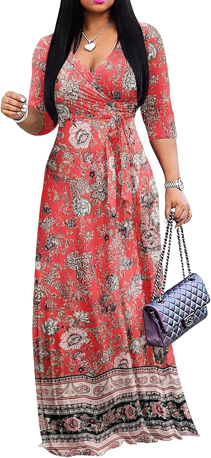 Wrap-style maxi dress with V-neck, 3/4 sleeves, and side pockets