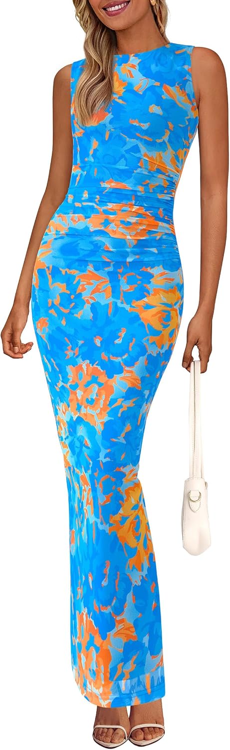 Floral mesh maxi dress with sleeveless design and ruched bodycon detailing