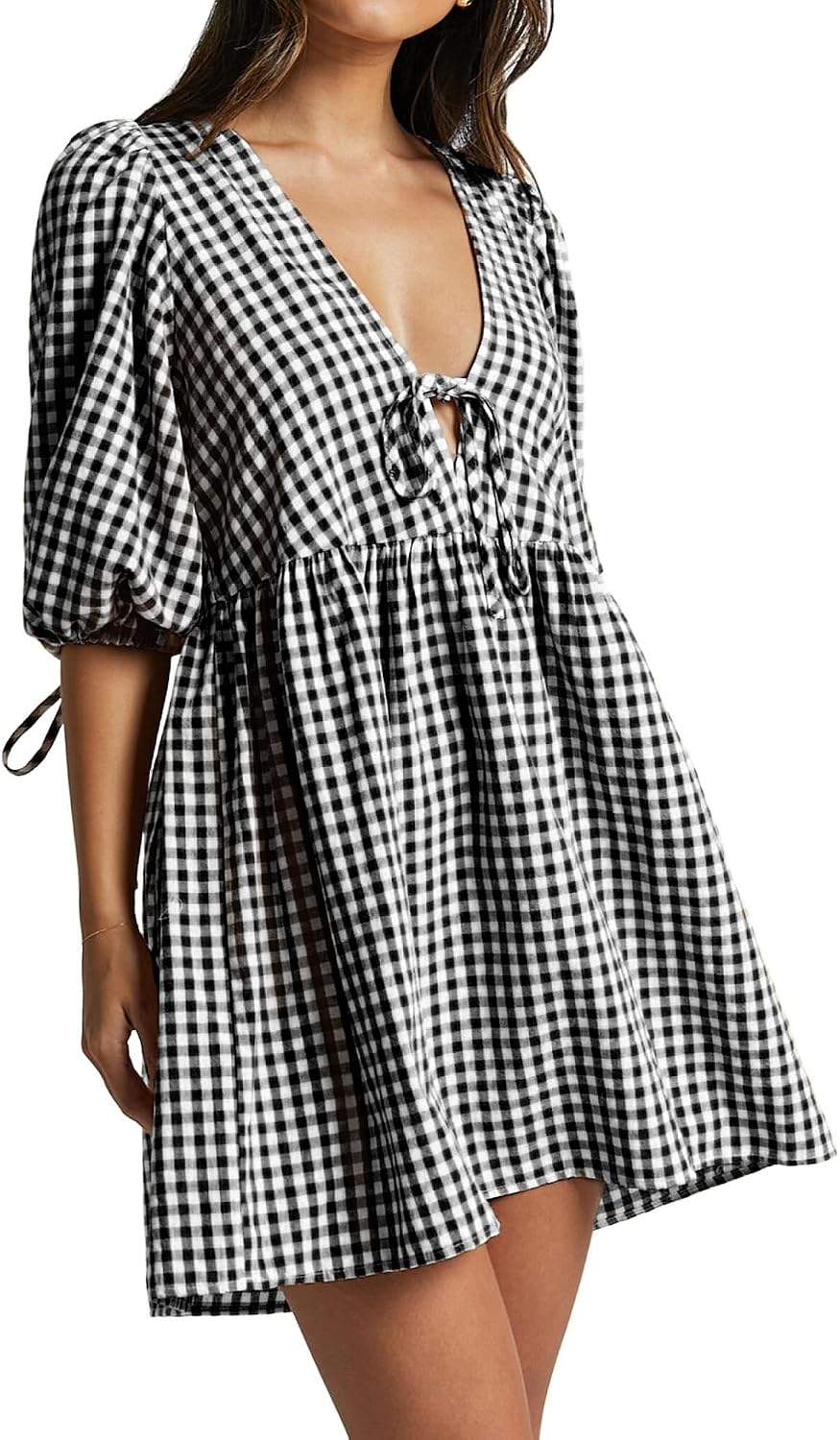 Striped babydoll dress with puff sleeves